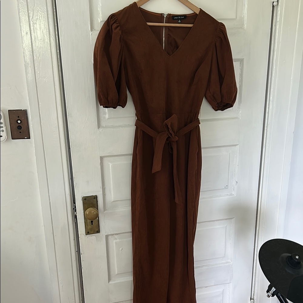 Jacqui E Brown Puff Sleeve Jumpsuit Casual